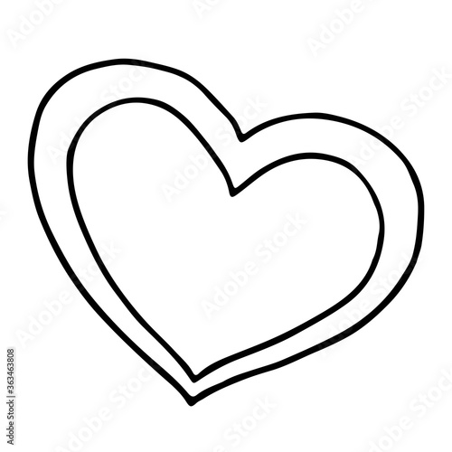 Double contour heart.  Drawn in doodle style.  Isolated drawing on a white background.  Vector.