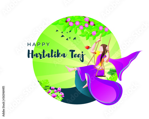 vector illustration of Indian festival Hartalika teej  Hindi written text means Hartalika teej . married woman enjoy the festival with swing in monsoon on beautiful landscape backdrop.