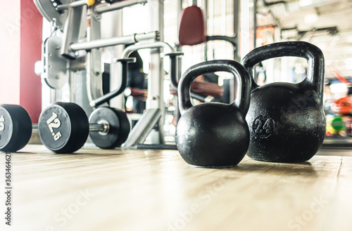 Kettlebells in the interior of the gym without people