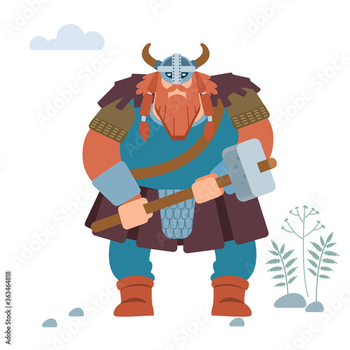 Viking. Warrior northerner. Medieval Viking armored attack with a battle-ax. Vector Isolated on white background. Flat style.