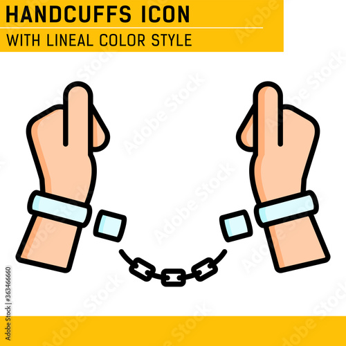 Handcuffs, manacles or shackles icon with lineal color style. Chained, handcuffed hands. Vector Illustration. EPS file