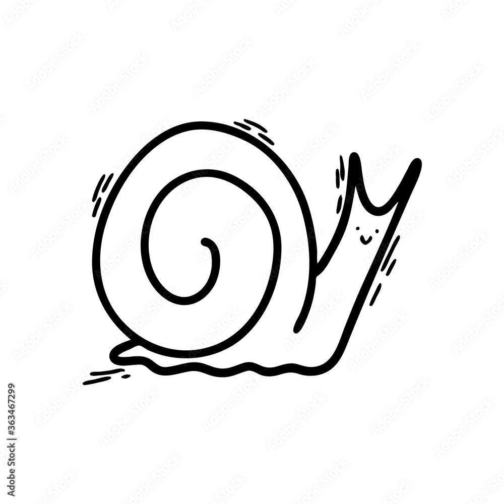 Fototapeta premium A Doodle-style snail with a funny face. Sketch is a black outline. Icon of the cochlea. Print for a t-shirt or your design. Vector illustration.