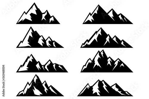 Set of icons of mountains. Design element for logo, emblem, sign, poster, card, banner. Vector illustration