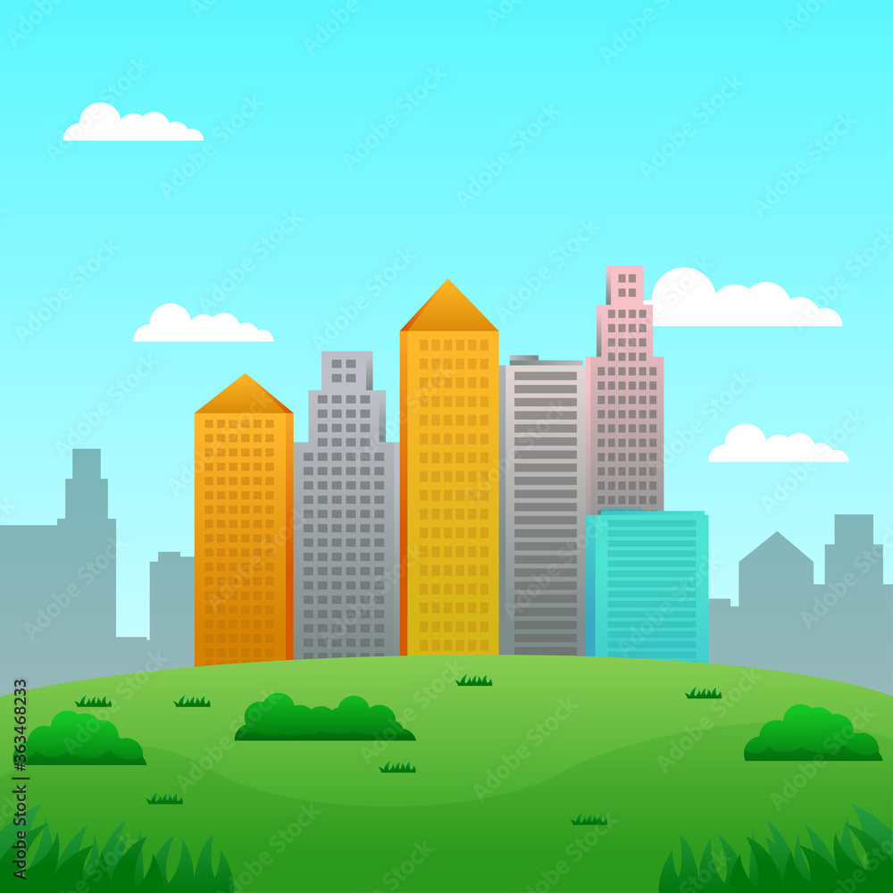 Urban landscape vector with buildings and bright sky suitable for illustration or background