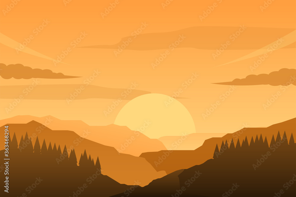 Sunset in mountain landscape vector illustration with orange color. Nature landscape background Sunset in mountain landscape vector illustration with orange color. Nature landscape background