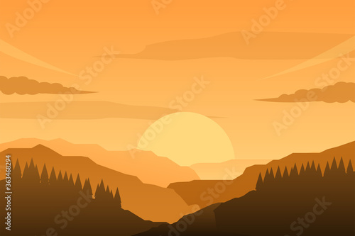 Sunset in mountain landscape vector illustration with orange color. Nature landscape background  © Muhamad