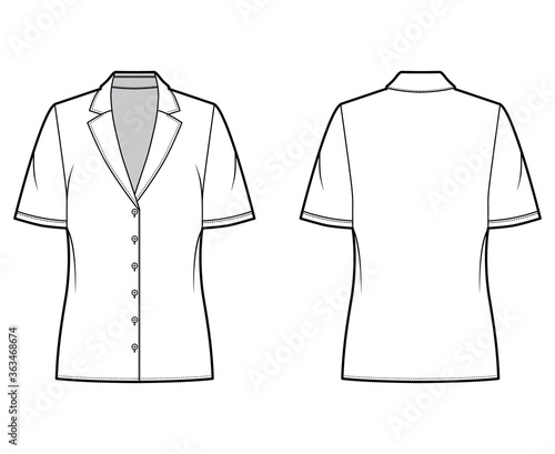Pajama style blouse technical fashion illustration with retro camp collar, short sleeves, loose fit body. Flat apparel template front, back, white color. Women, men unisex CAD garment designer mockup