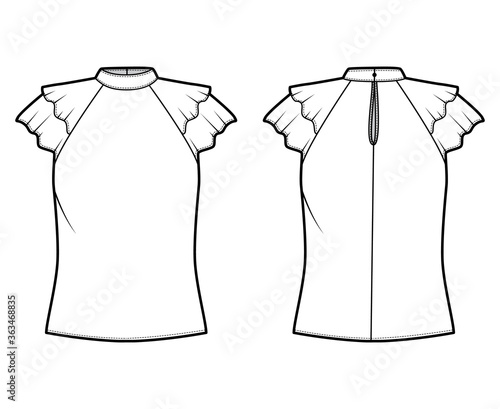 Blouse technical fashion illustration with high neckline banded collar, fluttery ruffles short sleeves, loose fitted body. Flat apparel template front, back white color. Women men unisex CAD mockup