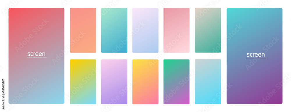 Pastel gradient smooth and vibrant soft color background set for devices, pc and modern smartphone screen soft pastel color backgrounds vector ux and ui design illustration isolated on white.