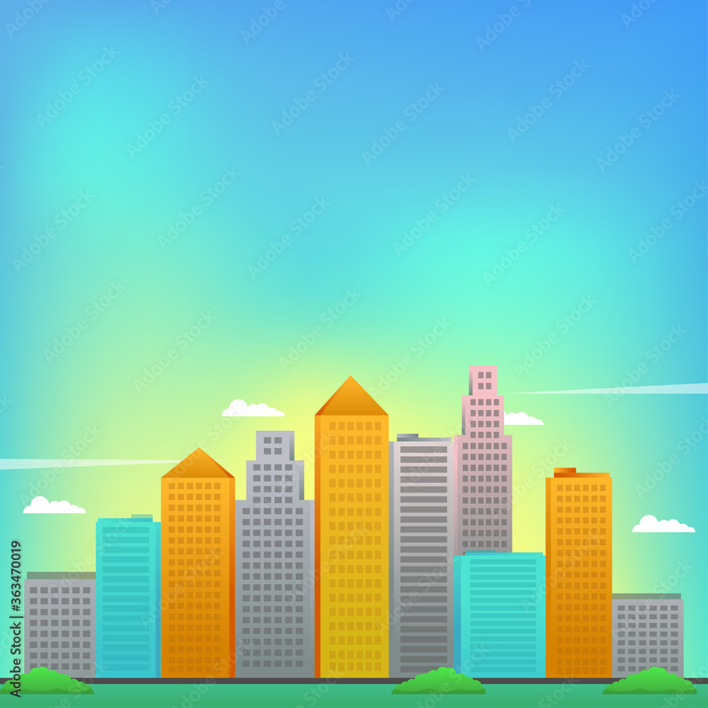 Urban landscape vector with buildings and bright sky suitable for illustration or background
