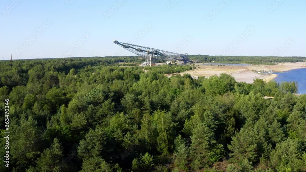 Aerial view of the big brown coal conveyor, the F 60, today a museum, in Lusatian Lake District, Germany. 4k Aerial view of the big brown coal conveyor, the F 60, today a museum, in Lusatian Lake District, Germany. 4k