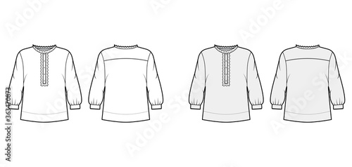 Shirt technical fashion illustration with oversized body, concealed button fastenings along front, ruffles, cropped sleeves. Flat apparel template front, back, white color. Women, men unisex mockup