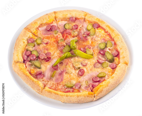 tasty pizza on a white plate. italian food isolated on the white background
