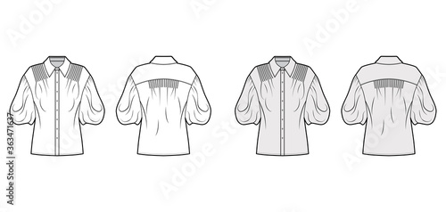 Shirt technical fashion illustration with elbow puff sleeves, oversized body, pintucks, front button fastenings. Flat apparel blouse template front, back grey white color. Women men unisex top garment