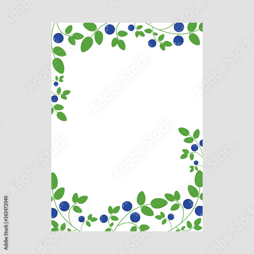 Vector frame decorated with blueberry branches with green leaves.