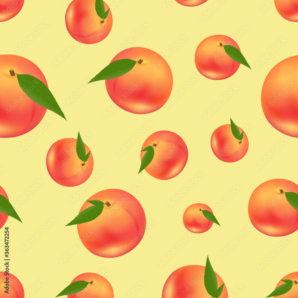 Seamless pattern of bright saturated color peaches of different sizes on a yellow background. Seamless pattern of bright saturated color peaches of different sizes on a yellow background.
