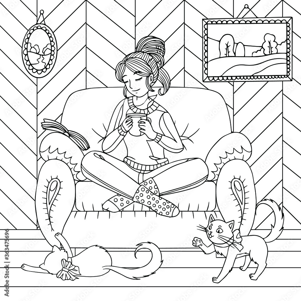 Relax at home. Girl reads a book and drink a cup of coffee. Kittens play at home. Self-isolation. Vector outline illustration for coloring book for adults.