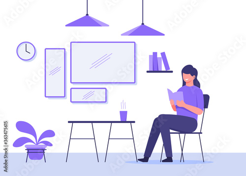 Woman sit in chair reading book in front cup warm drink on table background mirror hanging lamp plant clock with flat cartoon style.