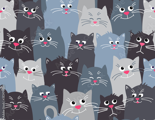 Cute cats grey seamless pattern background. Different faces of cats, funny, sad, sleepy. Vector illustration in Flat style.
