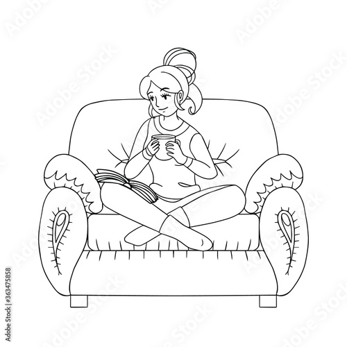 Girl reads a book at home. Stay at home. Positive recommendation during the epidemic. Line art hugge concept. Vector isolated illustration. Coloring page.