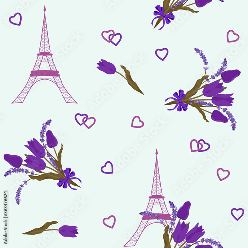 Seamless vector illustration with Eiffel tower and spring flowers.