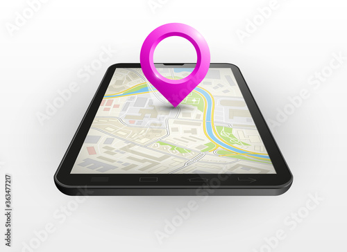 City map route navigation smartphone, phone point marker, drawing schema, simple city plan GPS navigation tablet, itinerary destination arrow paper city map. Route delivery check point graphic