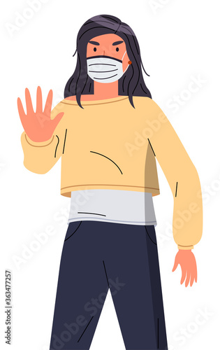 Isolated portrait of young woman wearing face medical mask show stop gesture at white background. Viral pandemic, stop spreading viral infection. Cartoon character in vector style protesting