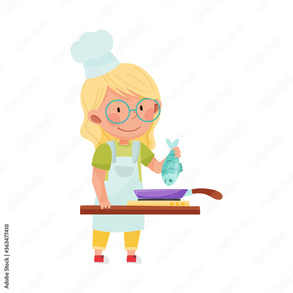 Cute Girl Character in Hat and Apron Standing at Kitchen and Frying Fish in Frying Pan Vector Illustration