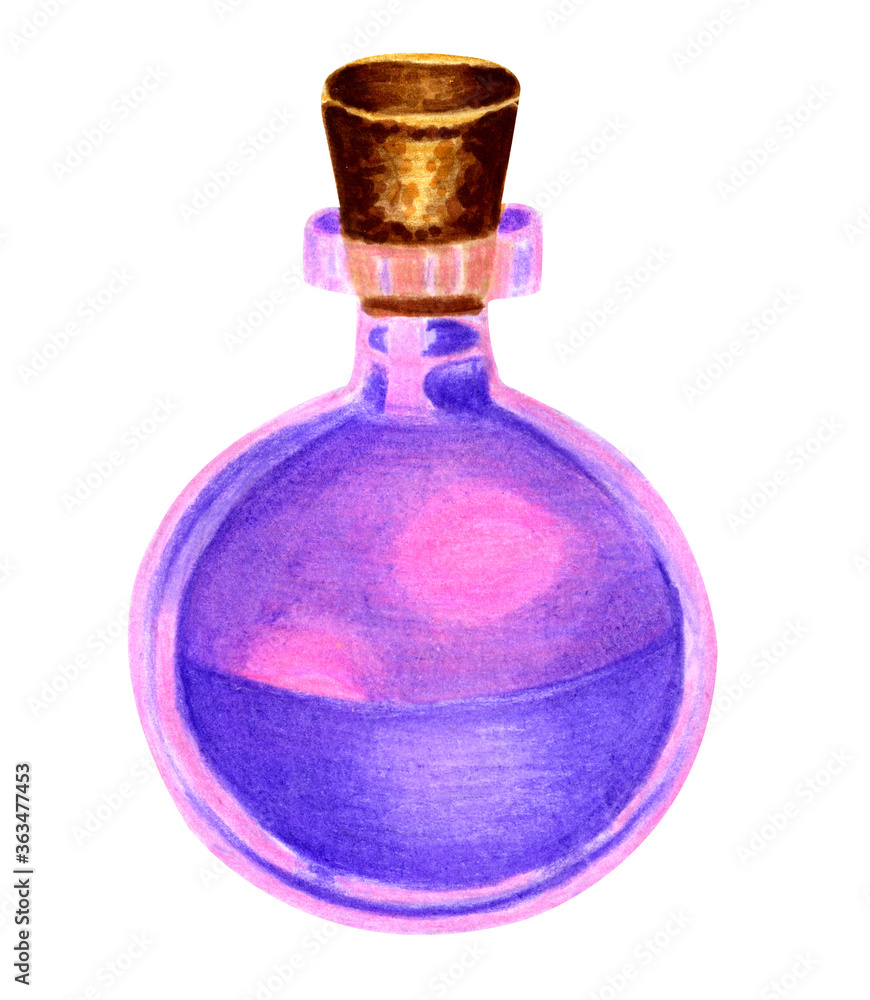 Glass bottle with magic violet purple love potion with wooden cork. Watercolor markers hand drawn illustration in realistic cartoon. Mystery halloween symbol, occult, witch, alcohol, poison for kill. Glass bottle with magic violet purple love potion with wooden cork. Watercolor markers hand drawn illustration in realistic cartoon. Mystery halloween symbol, occult, witch, alcohol, poison for kill.