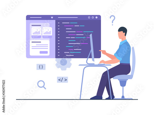 Man programer sit chair work on computer create development mobile app with flat cartoon style.