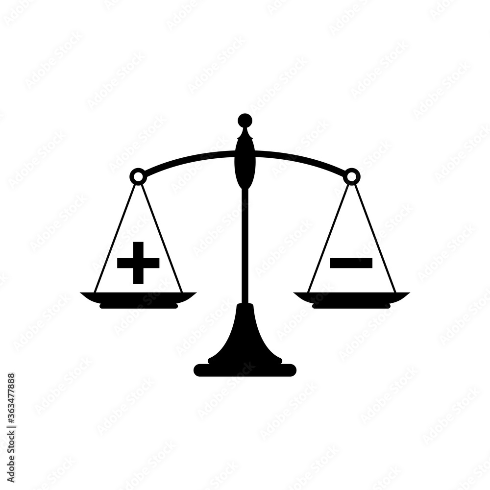 Black mechanical scales with plus and minus in pans. value, solution and rationality balance. Black mechanical scales with plus and minus in pans. value, solution and rationality balance.