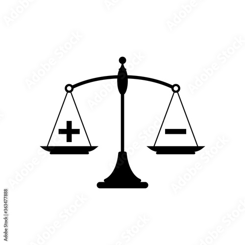 Black mechanical scales with plus and minus in pans. value, solution and rationality balance.