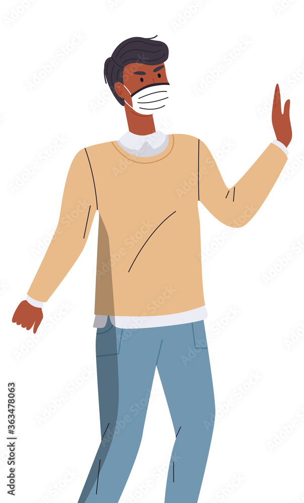 Isolated portrait of black man wearing face medical mask show stop gesture at white background. Viral pandemic, stop spreading viral infection. Cartoon character in vector style. World epidemy concept Isolated portrait of black man wearing face medical mask show stop gesture at white background. Viral pandemic, stop spreading viral infection. Cartoon character in vector style. World epidemy concept
