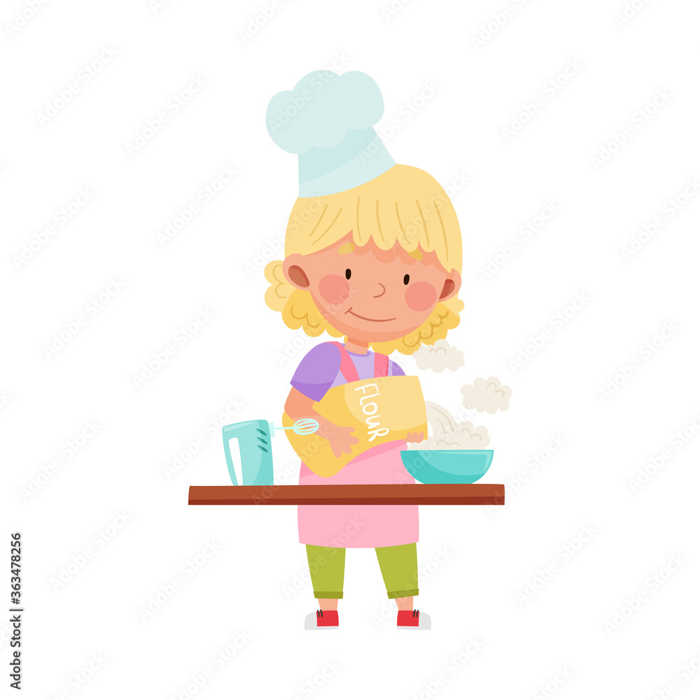 Little Girl Character in Hat and Apron Standing at Kitchen Table and Baking Cake Vector Illustration Little Girl Character in Hat and Apron Standing at Kitchen Table and Baking Cake Vector Illustration