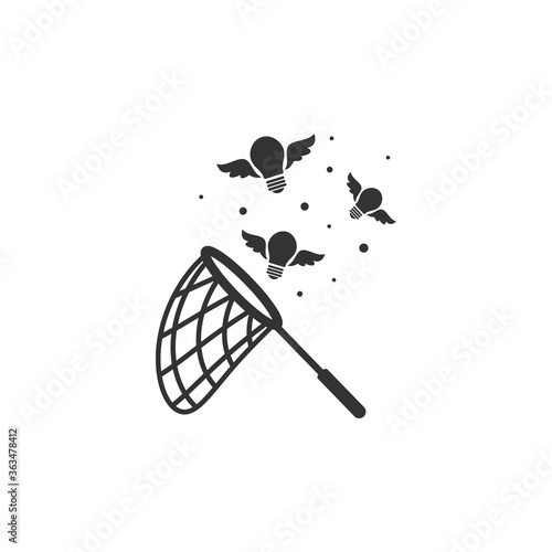 Butterfly net with flying bulbs. Catch, hunt, chase ideas and solutions symbol.