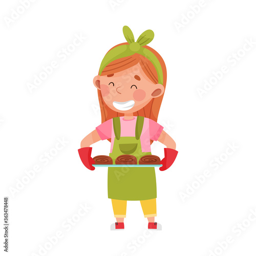 Smiling Girl Character in Headband and Apron Carrying Tray with Buns Vector Illustration