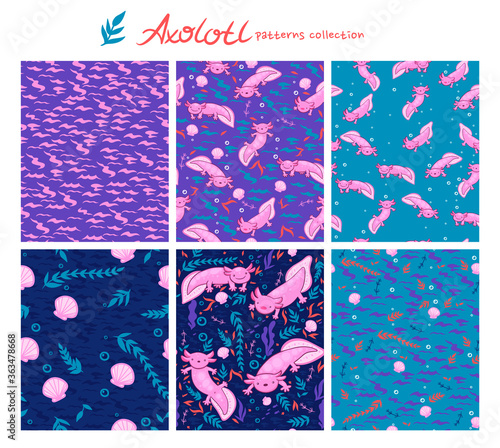 Collection of seamless patterns with axolotl and underwater elements. Vector graphics.