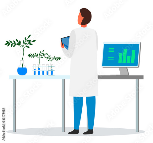 Laboratory assistant exploring new methods of plant breeding from tubes. Agricultural genetic. Engineer using tablet. Computer with graphics, results of experiment. Researcher grow eco plant in lab