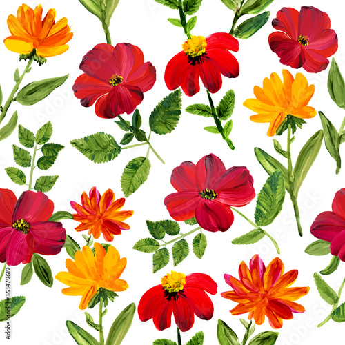 Vector seamless pattern of red flowers on white background