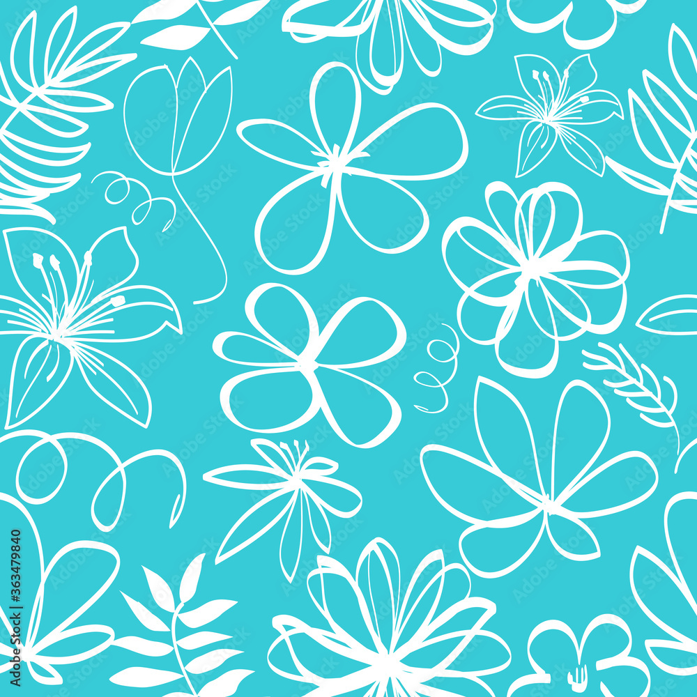Vector seamless pattern with abstract flowers, leaves on blue background Vector seamless pattern with abstract flowers, leaves on blue background
