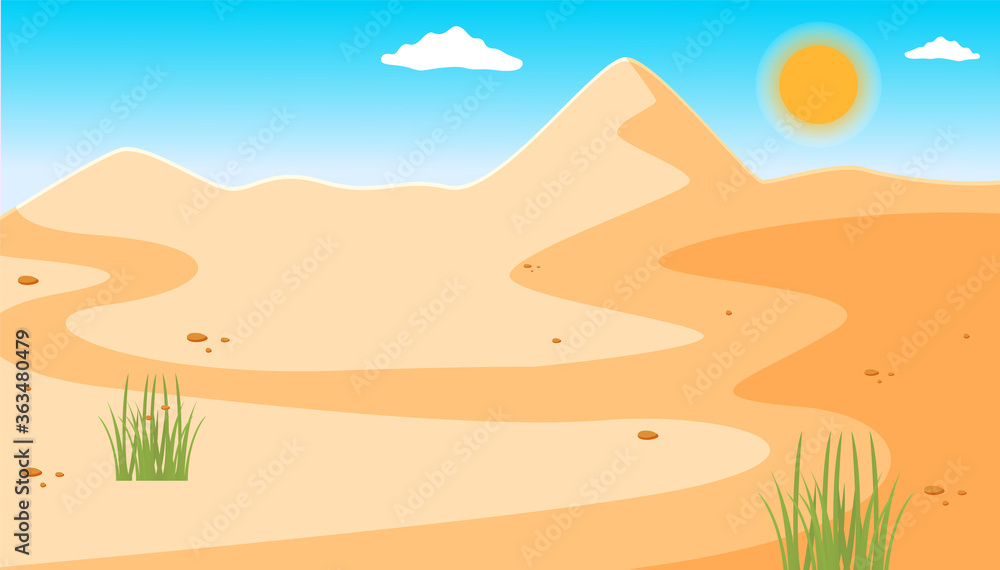 Illustration of a desert with a clear blue sky, small rare green plants. Desert mountains sandstone background. Dry desert under the sun, endless sand desert. Hot weather and yellow sand dunes
