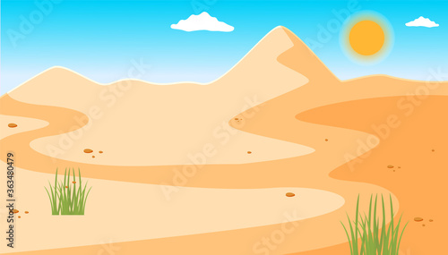 Illustration of a desert with a clear blue sky, small rare green plants. Desert mountains sandstone background. Dry desert under the sun, endless sand desert. Hot weather and yellow sand dunes