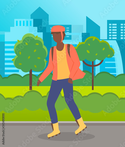 Guy roller skating in the public park at urban architecture background. Man protect himself with helmet. Leisure activities outdoors. Spend free time at summer. Cartoon character. Hobby, sportive