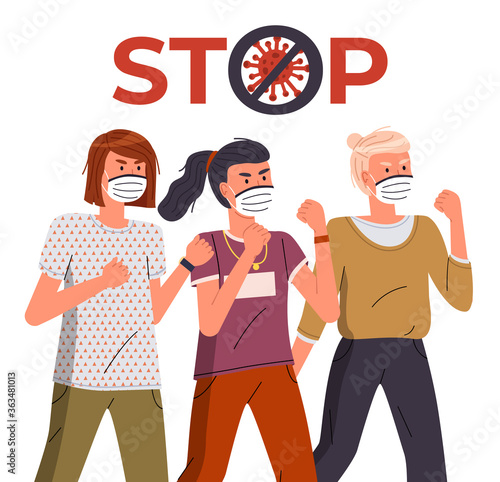Three women wearing face protective medical masks protesting to stop world epidemic. Group of characters call to fight with virus. Concept of covid19. Warn, crossed out sign, white background