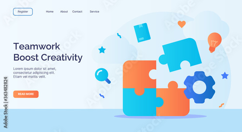 Team work boost creativity instal puzzle element icon campaign for web website home page landing template with cartoon style