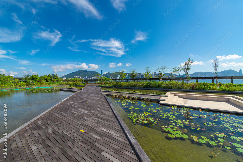 Dutch pool and wooden walkway in city center park under blue sky and white clouds.