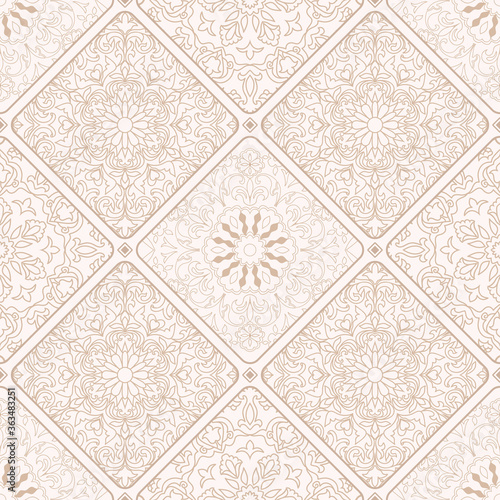 Seamless lace patchwork. Hand drawn background. Azulejos tiles patchwork. Traditional ornate Portuguese and Spanish decorative tiles azulejos. Abstract background. Ceramic tiles. Vector