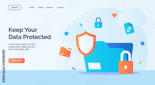 Keep your data protected file shield padlock icon campaign for web website home page landing template with cartoon style.
