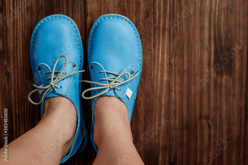 Feminine blue leather fashion farm shoes photo