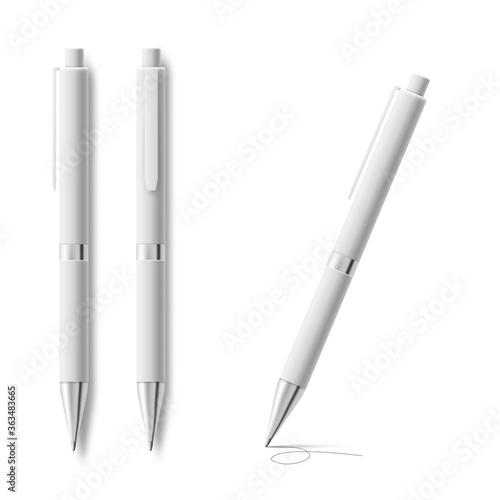 Set of white blank plastic pen templates, realistic vector illustration isolated.
